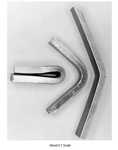 RA333 1/2 inch (12.7 mm) plate, formed with different edge preparations.  Left - Sheared edge ground. Bent 180° flat on itself, no cracks.  Middle - Shear burr removed. Bend 90° before cracking.  Right - As sheared, burr up.  Cracked at 40° bend angle.